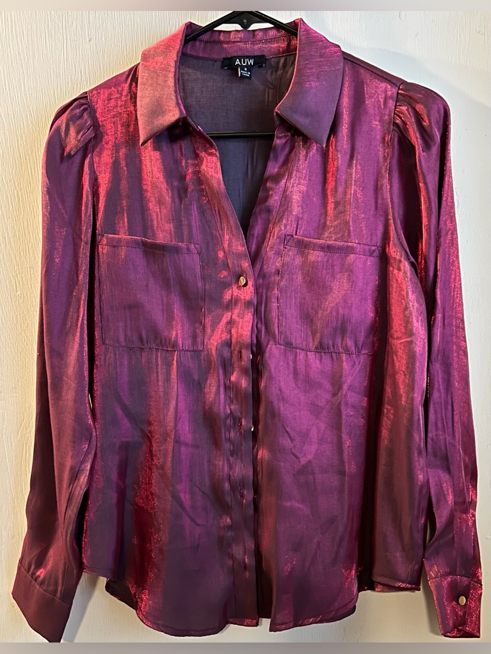 AUW Shimmer Satin Button-Front Blouse - Magenta Size S